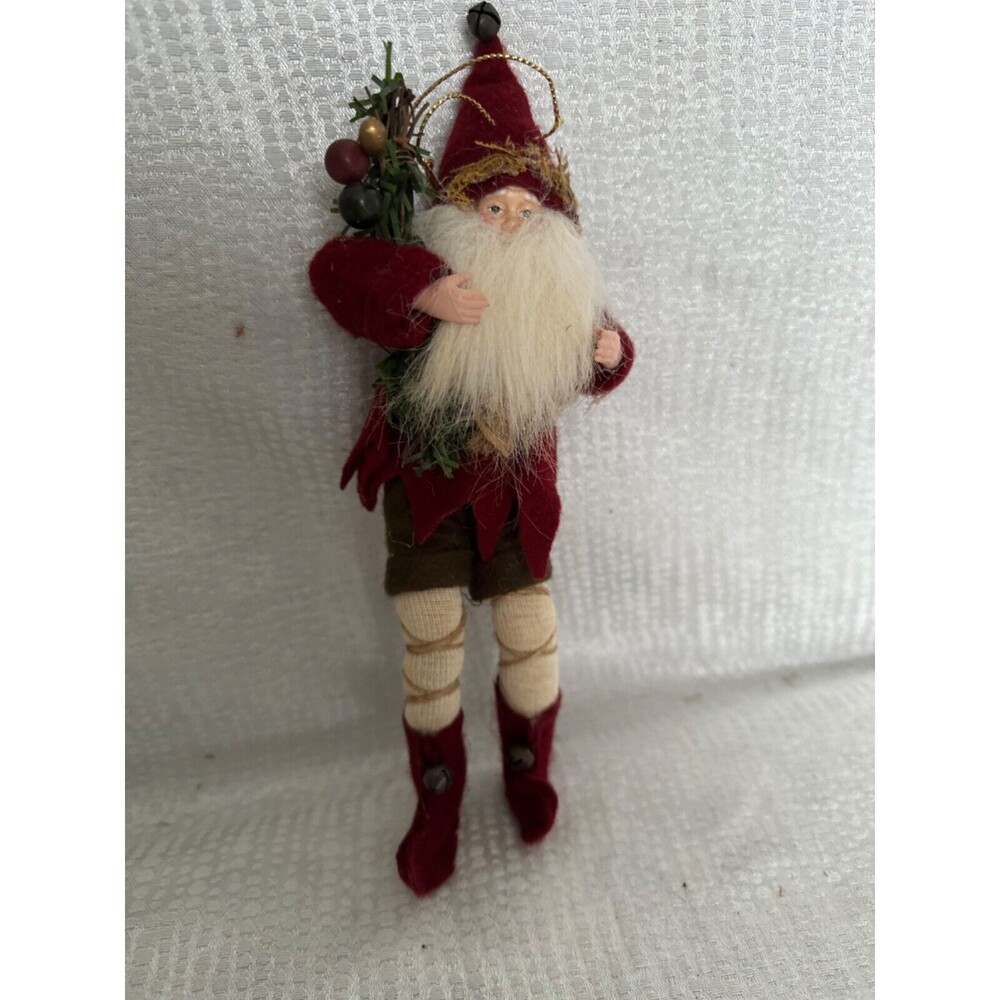 Vintage woodland Forest bearded Elf, maroon color felt, poseable legs 9” tall